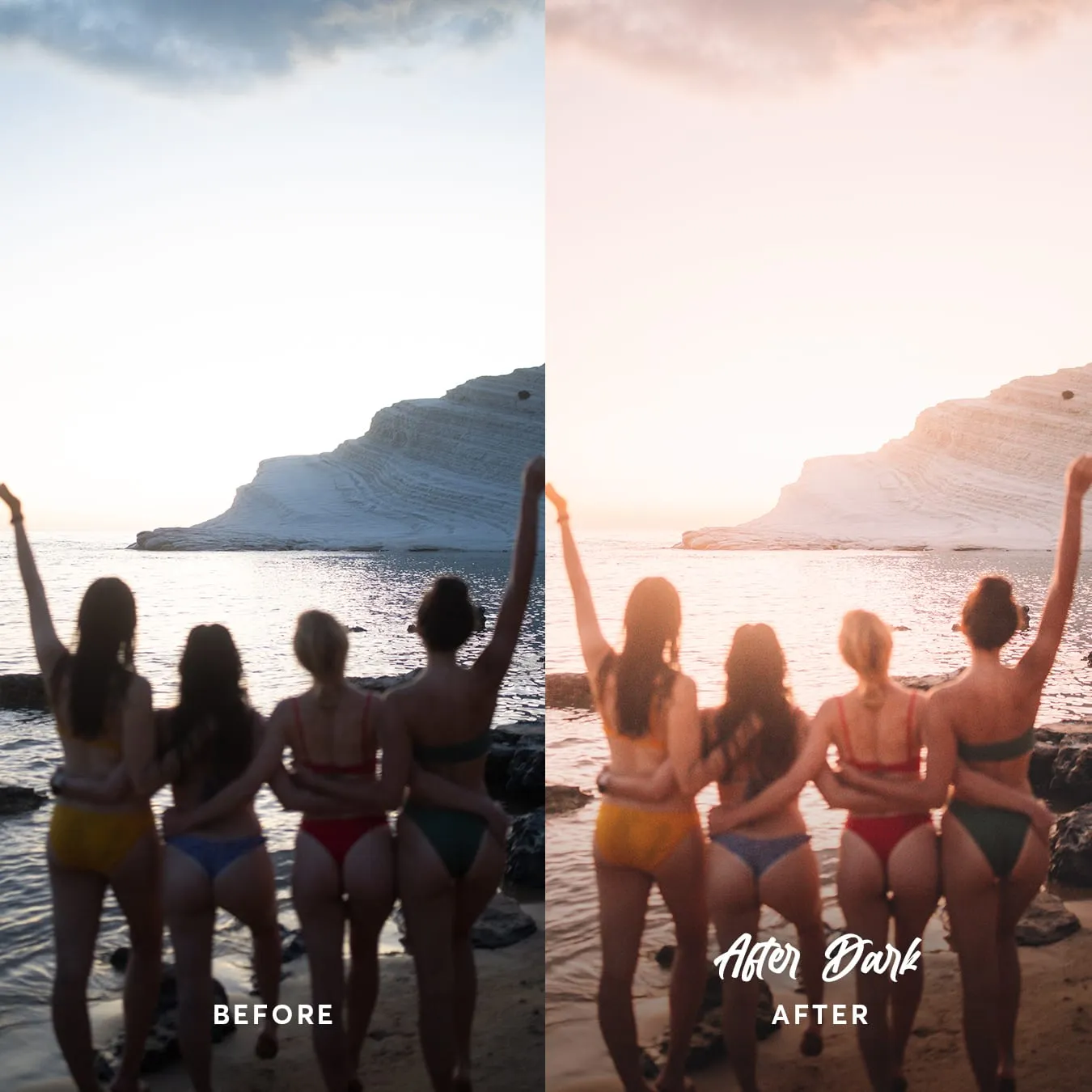 Before and after: four people on a beach at dusk, warmed into a soft pink sunset.