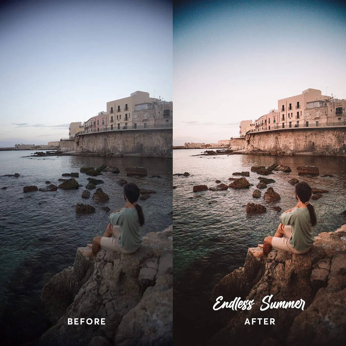 Before and after: a woman on rocks by a seafront town, cooled and deepened at blue hour.
