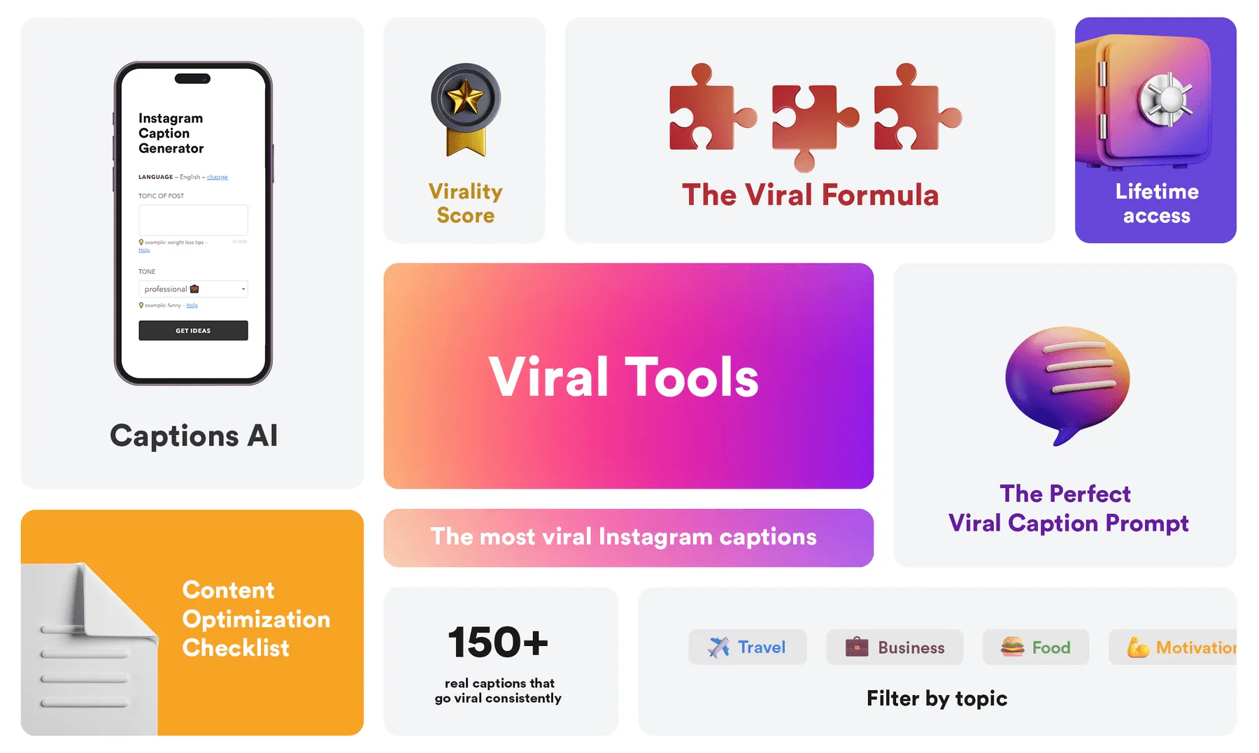 The kit: Captions AI, a virality score, the viral formula, a content optimisation checklist, and 150+ real captions filterable by topic.