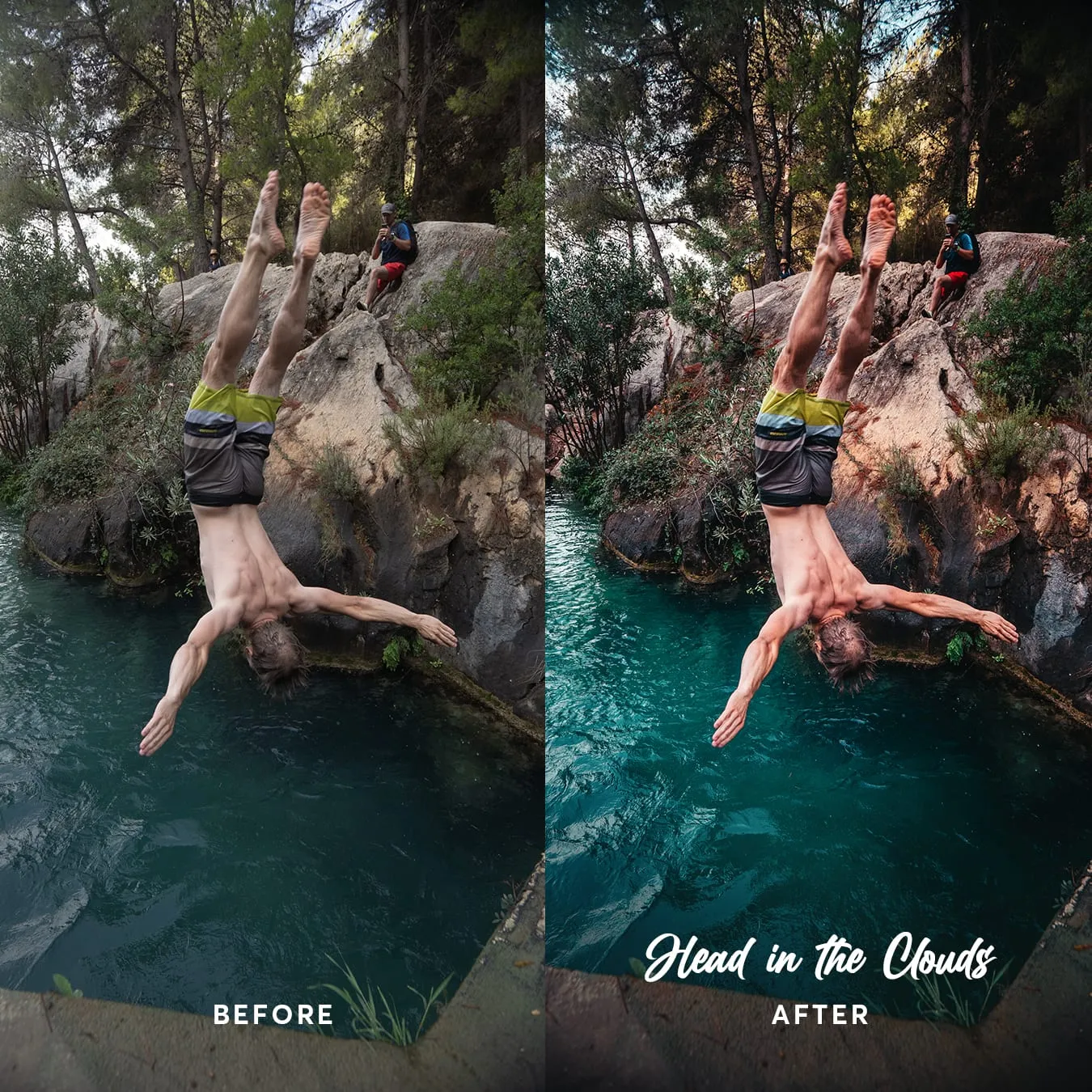 Before and after: a diver mid-flip above a pool, the water turned deep teal.