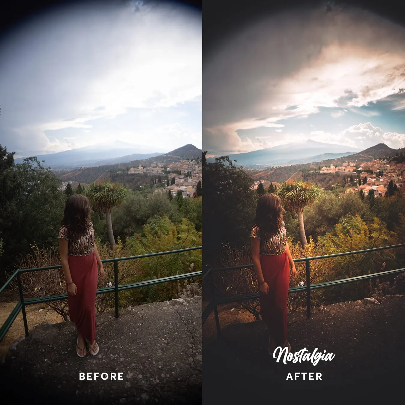 Before and after: a hillside town under storm cloud, warmed and darkened.