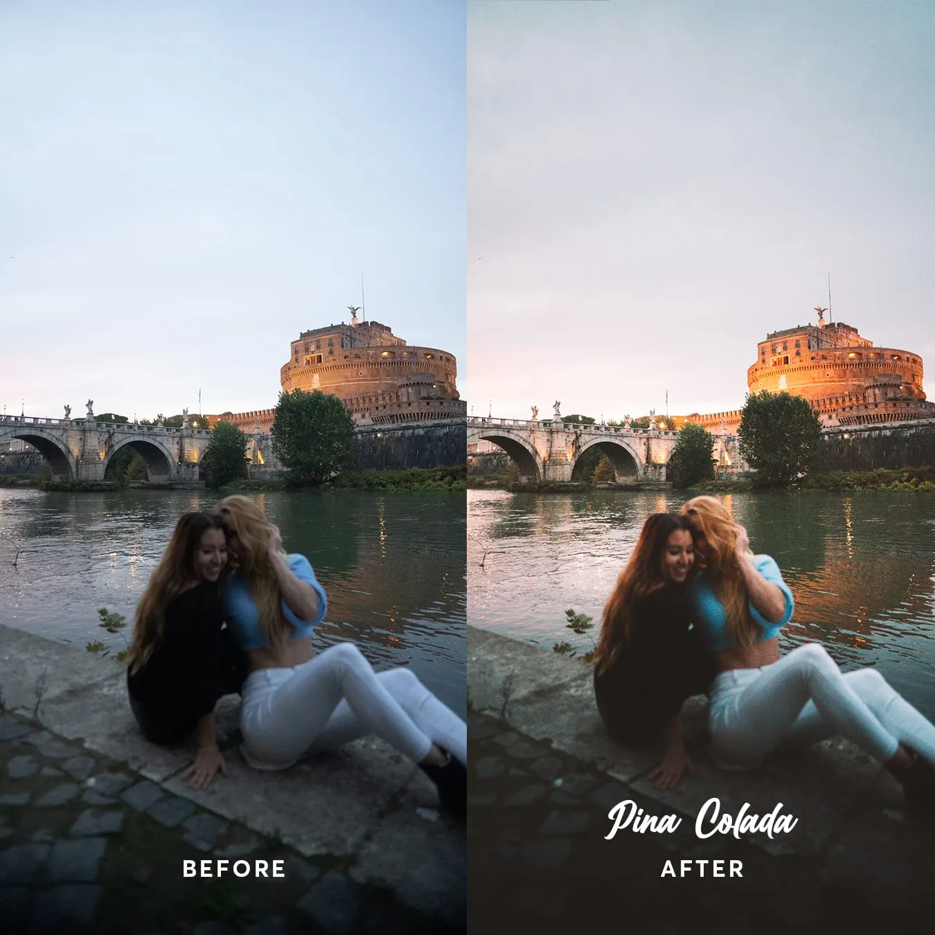 Before and after: two friends by a river at dusk, with the castle behind lit warm.