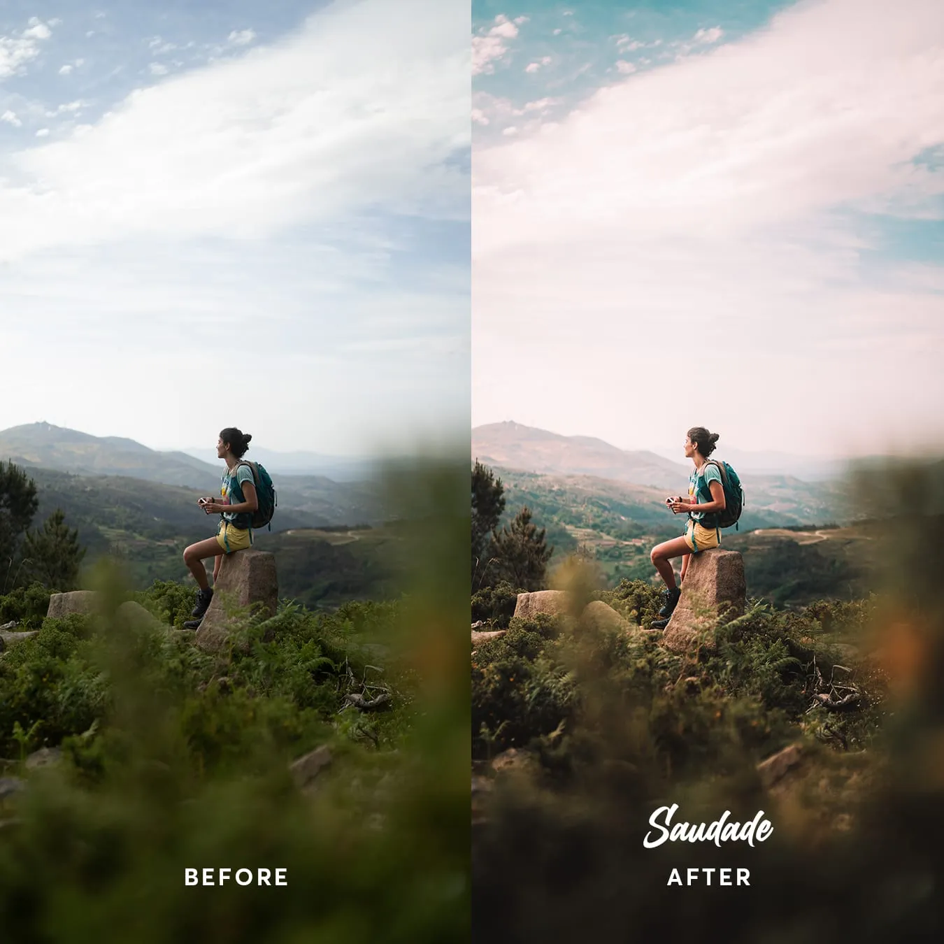 Before and after: a hiker on a rock above green hills, softened into pastel.