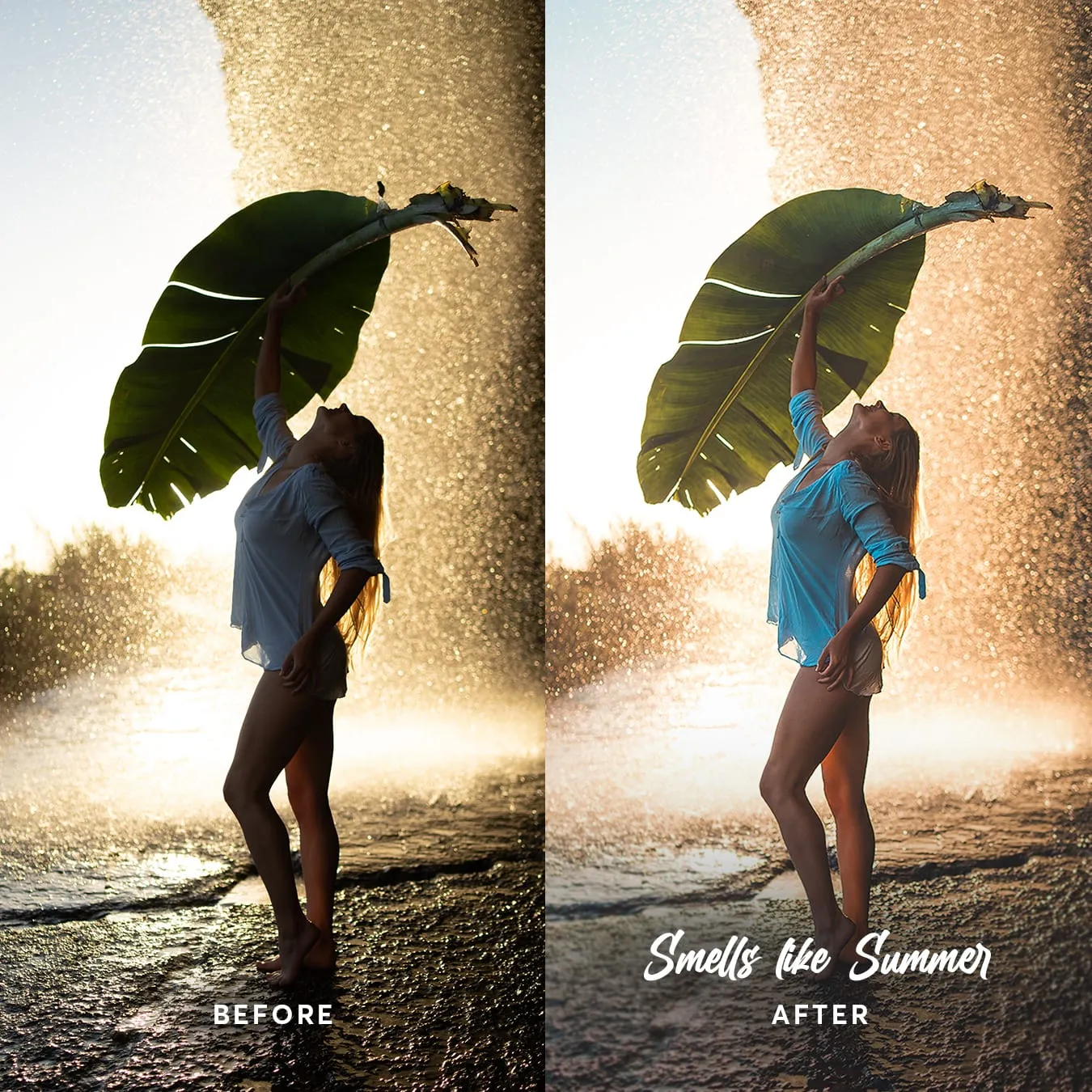 Before and after: a woman holding a banana leaf in backlit spray, lifted into golden light.
