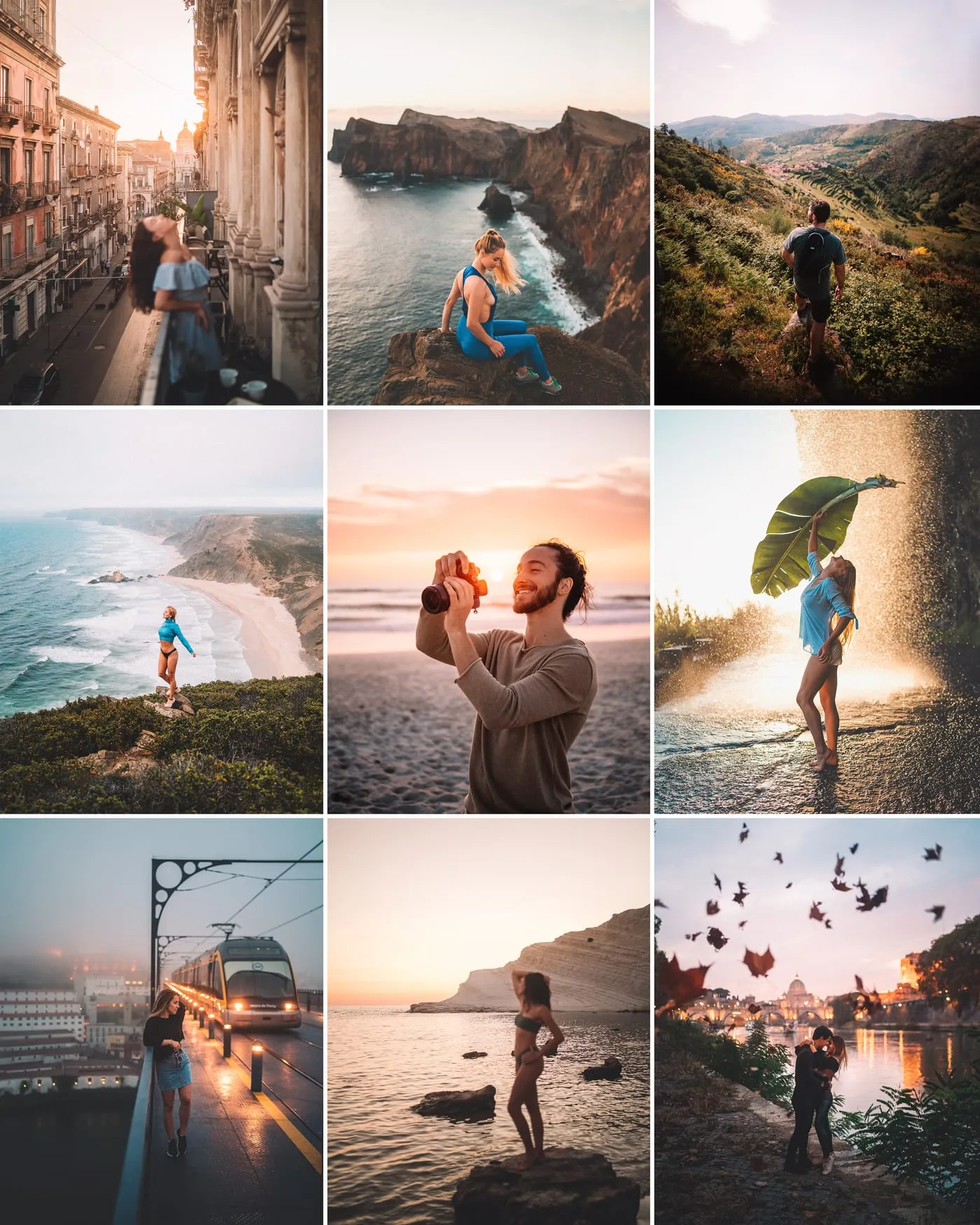 A nine-photograph grid of coastlines, cities and portraits at golden hour, all sharing one warm, slightly faded colour treatment.